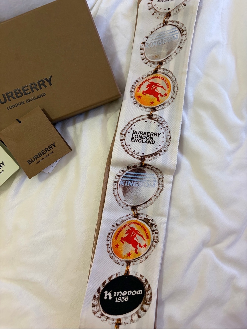 Burberry Silk Medal Print Twilly in White, Red, Green, Tan - Picture 5 of 9